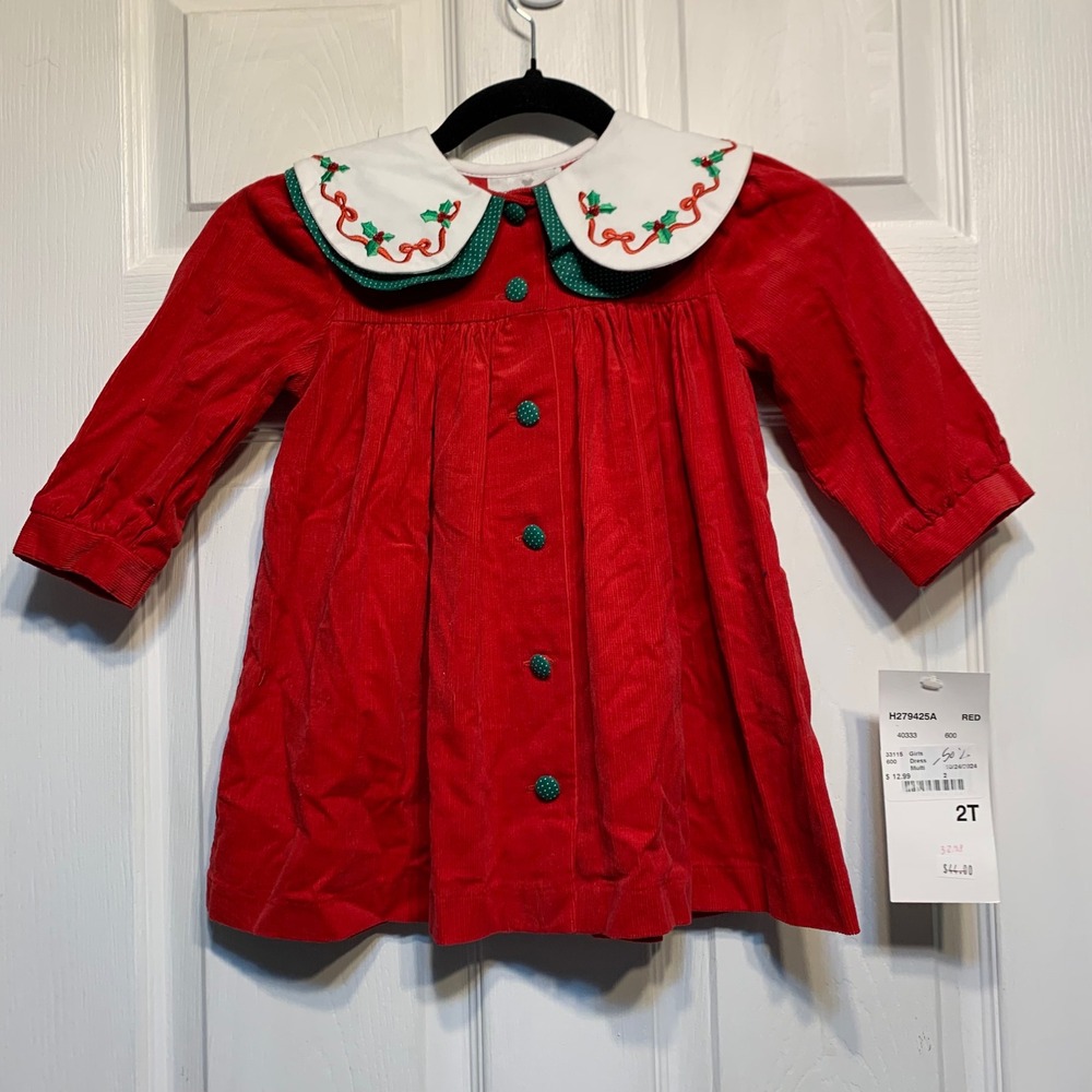 NWT Rare Editions Dress 2T Red Corduroy Embroidered Holly Christmas Holiday
